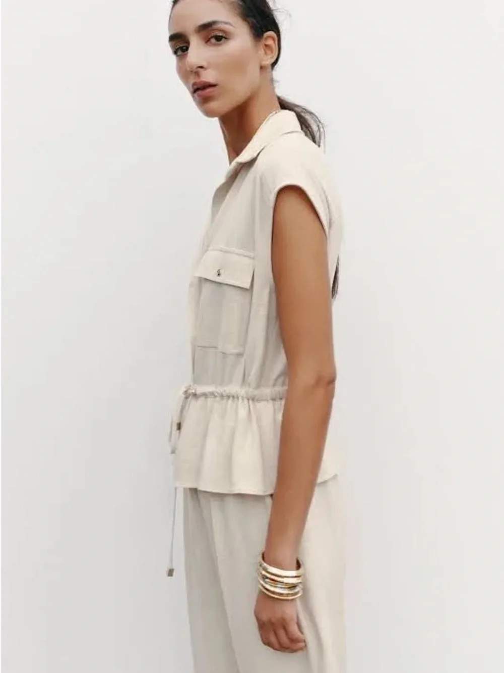NWT Zara Linen Blend Summer Flowy Jumpsuit Sleeveless Drawstring Minimalist M